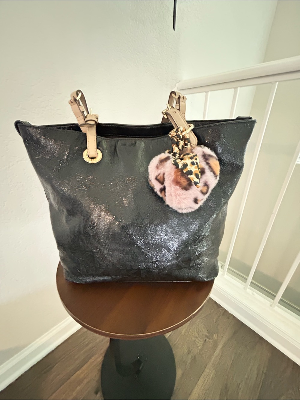 Michael Kors Shiny Black Shoulder Tote with Beige Straps and Fur Heart Charm